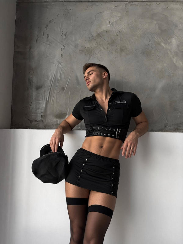Police Costume Crop Top Skirt Set for Men, Cap Included with Free Stockings, Femboy Roleplay Cosplay, Gay LGBTQ