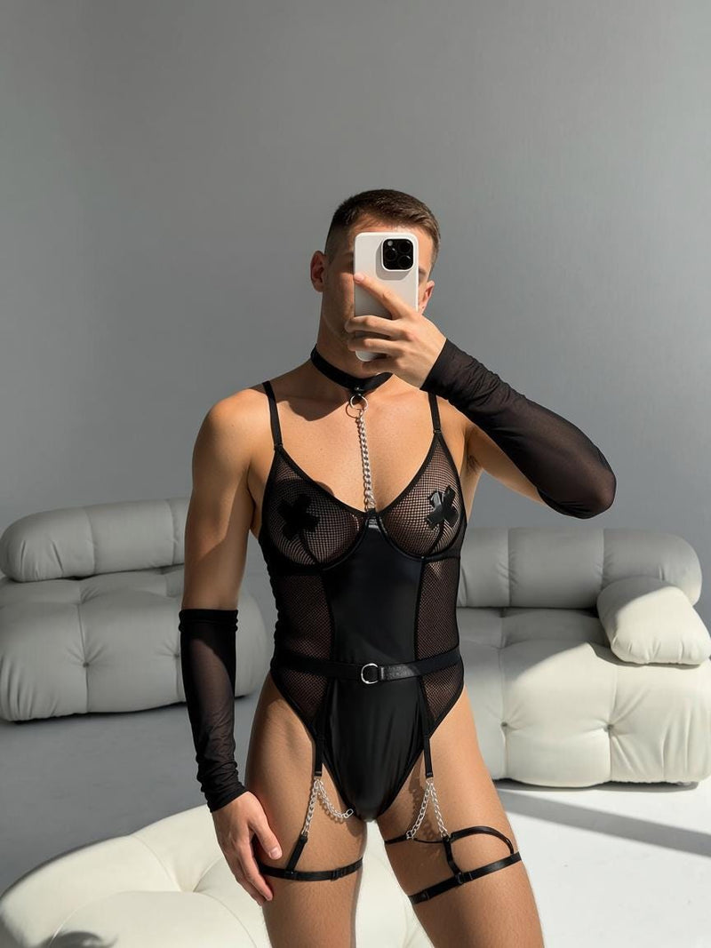 Femboy Lingerie Set, Men's Black Mesh Bodysuit, Harness Garter Belt, Femboy Underwear, Men's Lingerie, Choker Bodysuit