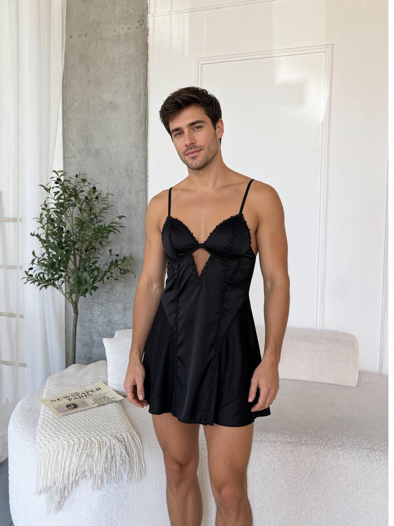 Femboy Lingerie Set, Men's Silk Pajama Set, Femboy Sleepwear, Satin Cami and Robe Set, Men's Lingerie, Lace Trim Nightwear, Gift for Him