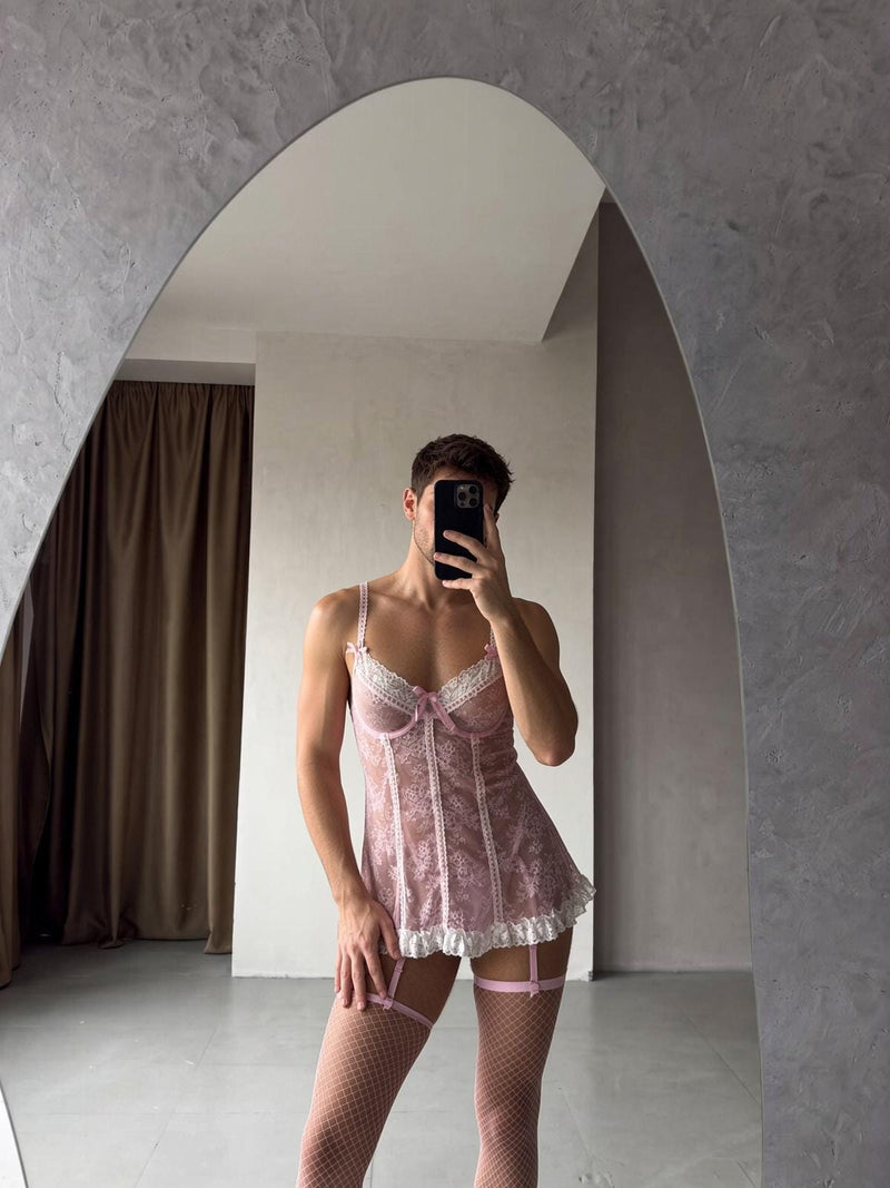 Men's Lingerie Babydoll Set, Pink Lace Nightdress, Femboy Lingerie, Men's Lace Sleepwear, Babydoll with Panties, Lace Stockings