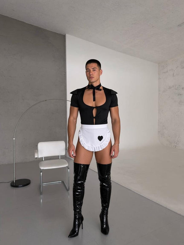 Femboy Black Maid Bodysuit, Men's Maid Costume with White Apron, Lace Up Back Bodysuit, Femboy Cosplay Outfit, Men's Roleplay Fashion Set