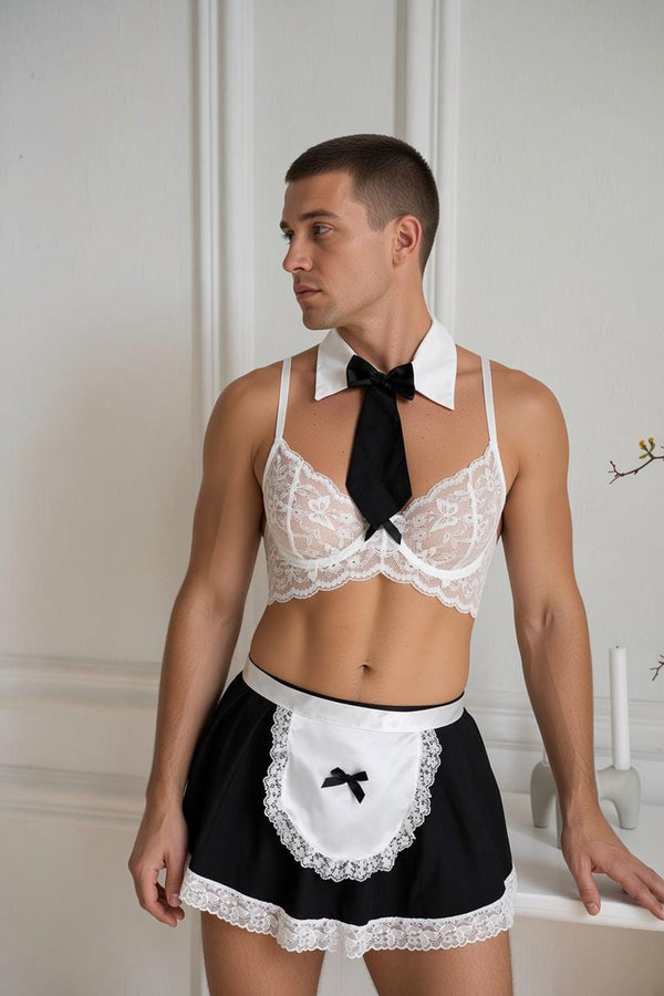 Femboy Maid Lingerie Set, Men's Lace Bra and Panties, French Maid Underwear, Femboy Lingerie Costume, Maid Skirt Set, Lace Lingerie Outfit